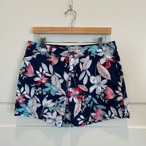 St Johns Bay Womens Floral Print Bermuda Shorts Size 10 Navy Blue Pink Garden